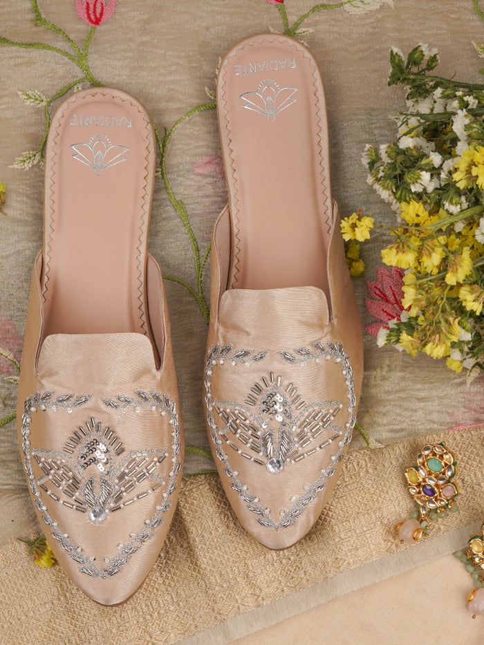 Radiant Champagne Gold Embellished Mules for Women – Silk Upper | Cushioned Footbed | Designer Party Wear
