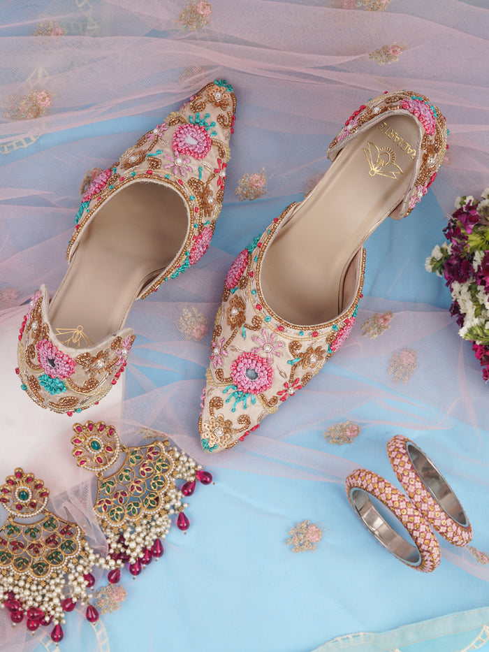 Rangoli Beige Embellished Mules – 3-Inch Pencil Heels