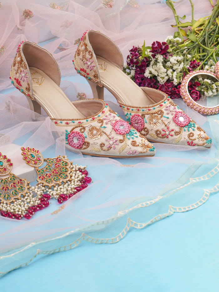 Rangoli Beige Embellished Mules – 3-Inch Pencil Heels