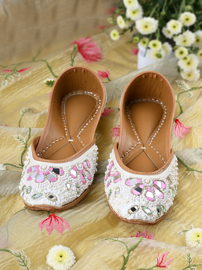 AAINA - White Pearl Jutti with Thread & Bead Detailing