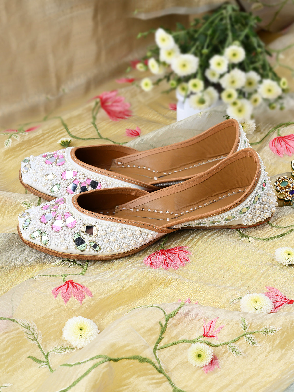 AAINA - White Pearl Jutti with Thread & Bead Detailing