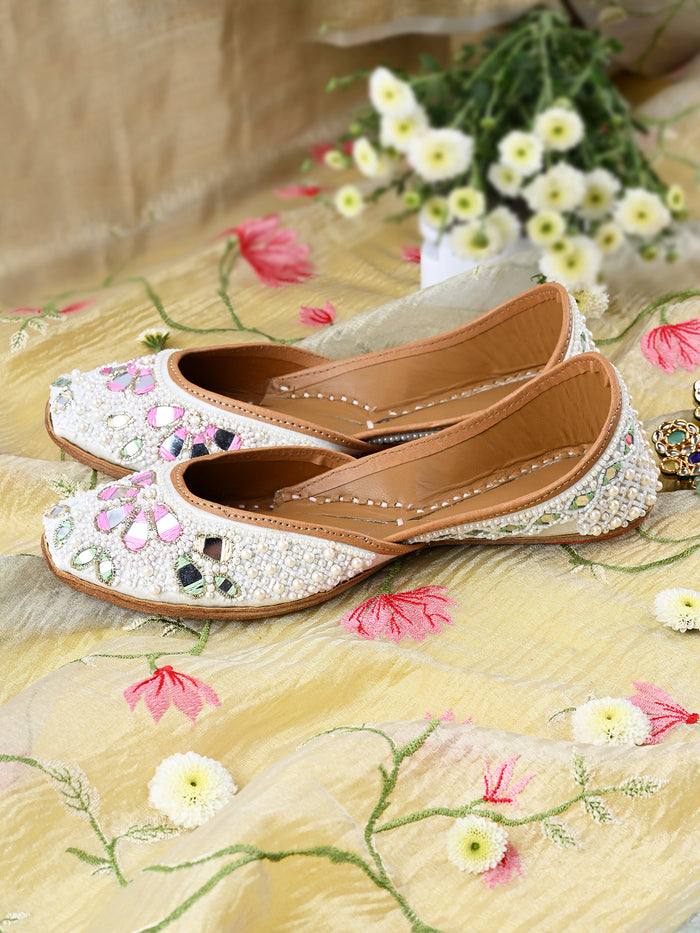 AAINA - White Pearl Jutti with Thread & Bead Detailing