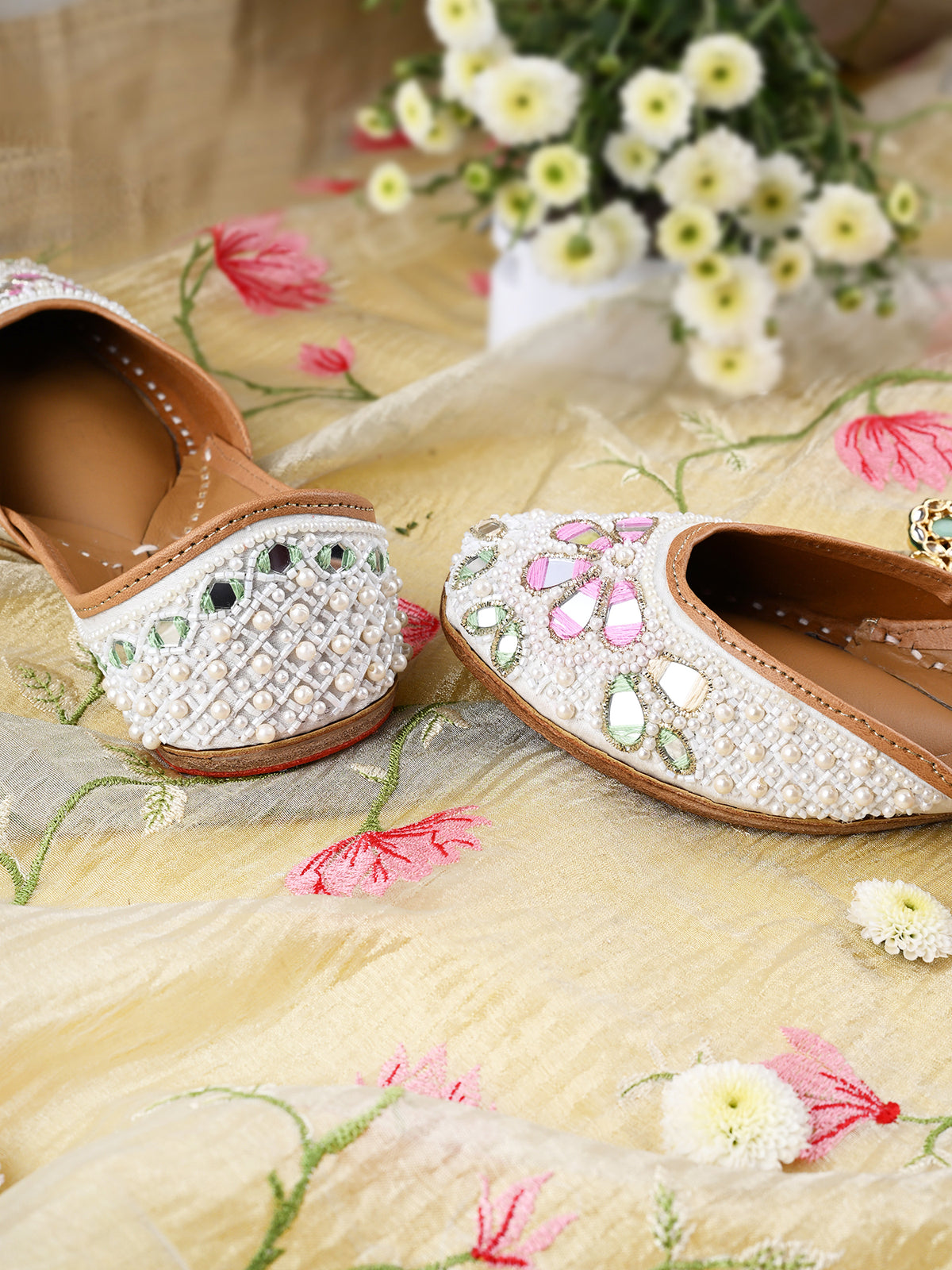 AAINA - White Pearl Jutti with Thread & Bead Detailing