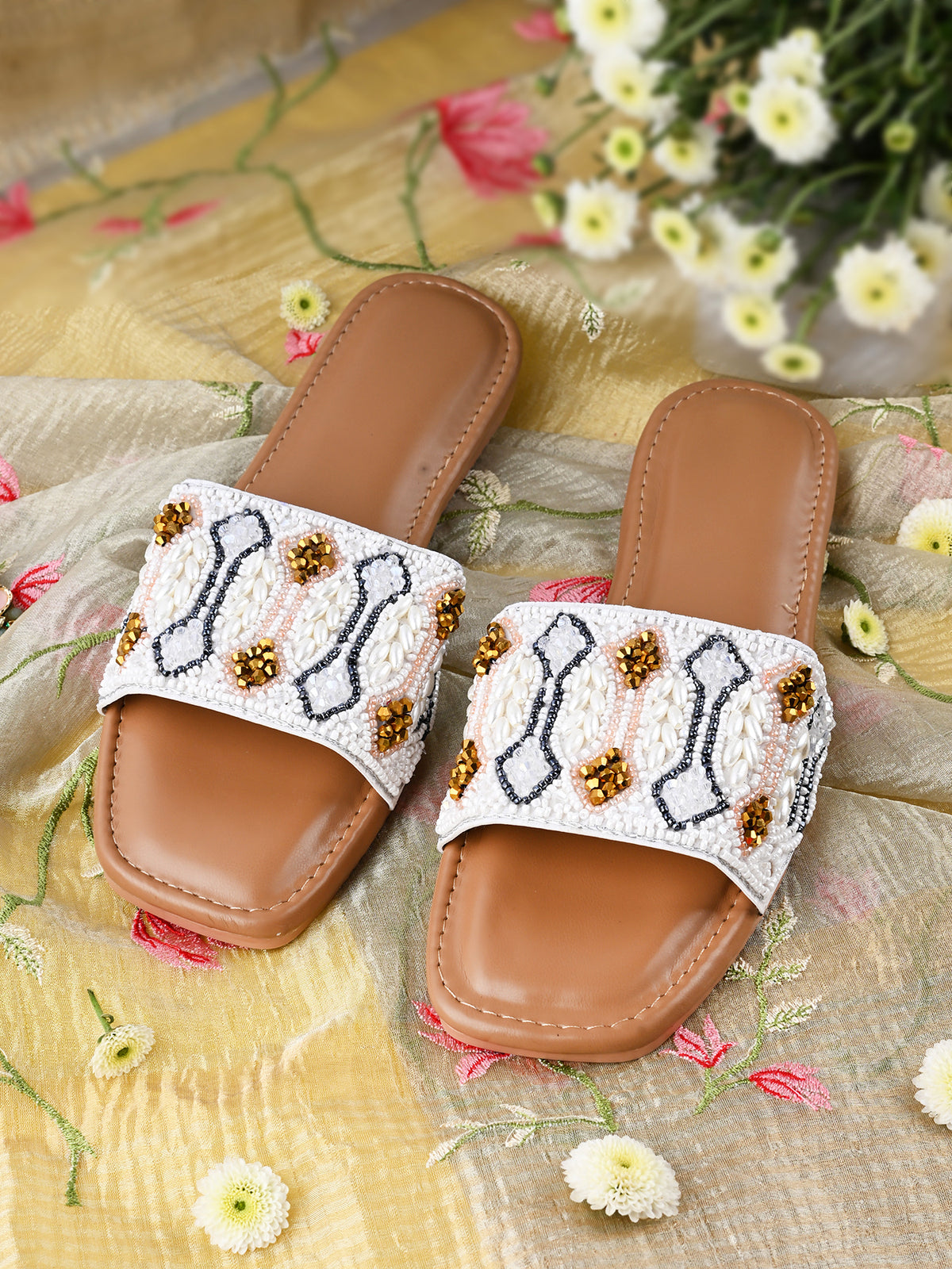 TAJ - Flat Sliders with Pearl Detailing – Comfortable Daily Wear