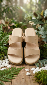 Dhara Beige Double Strap PU Slide by Radiarte – Front View in Forest Setting