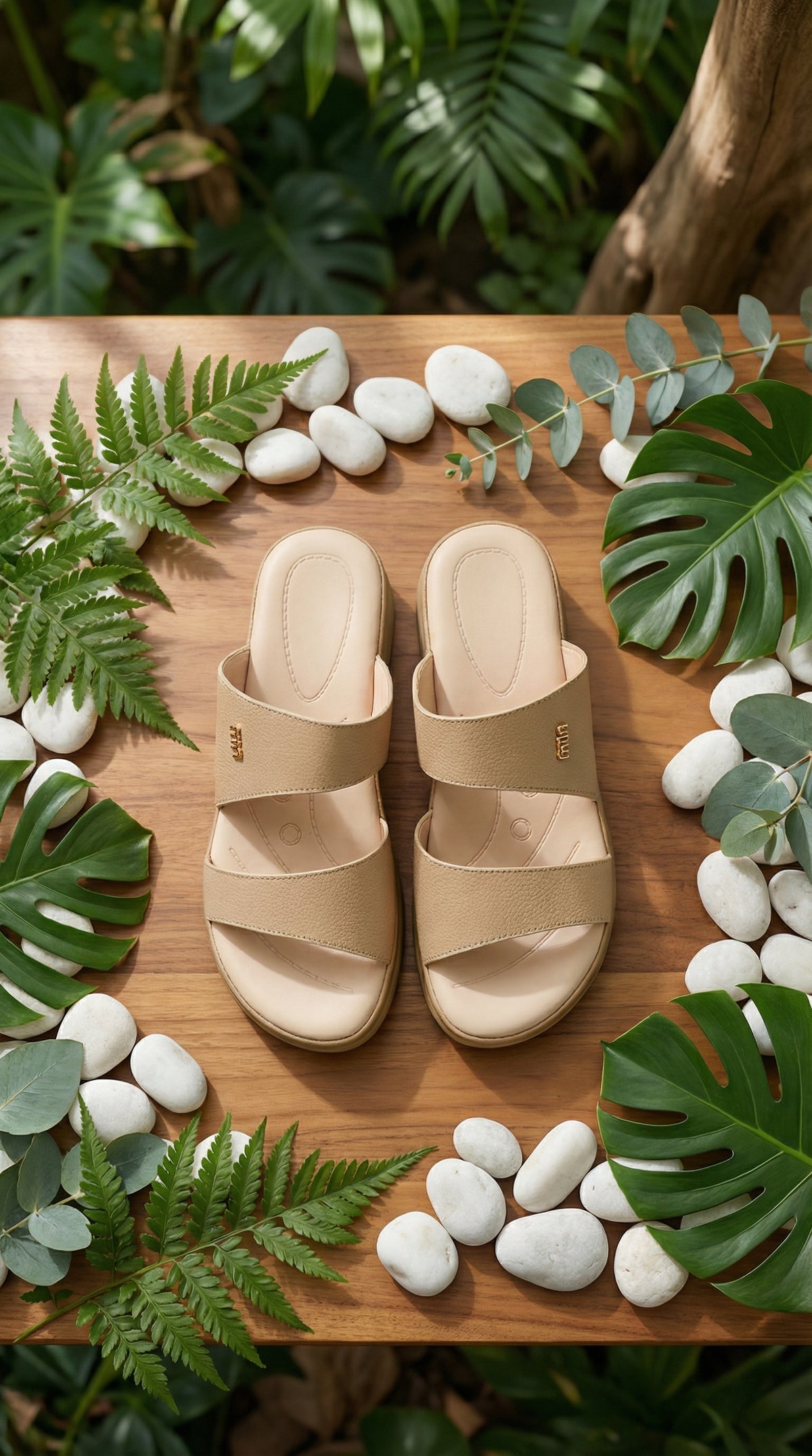 Dhara Beige Double Strap Slide Sandal – Top View on Wooden Surface by Radiarte