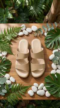 Dhara Beige Double Strap Slide Sandal – Top View on Wooden Surface by Radiarte