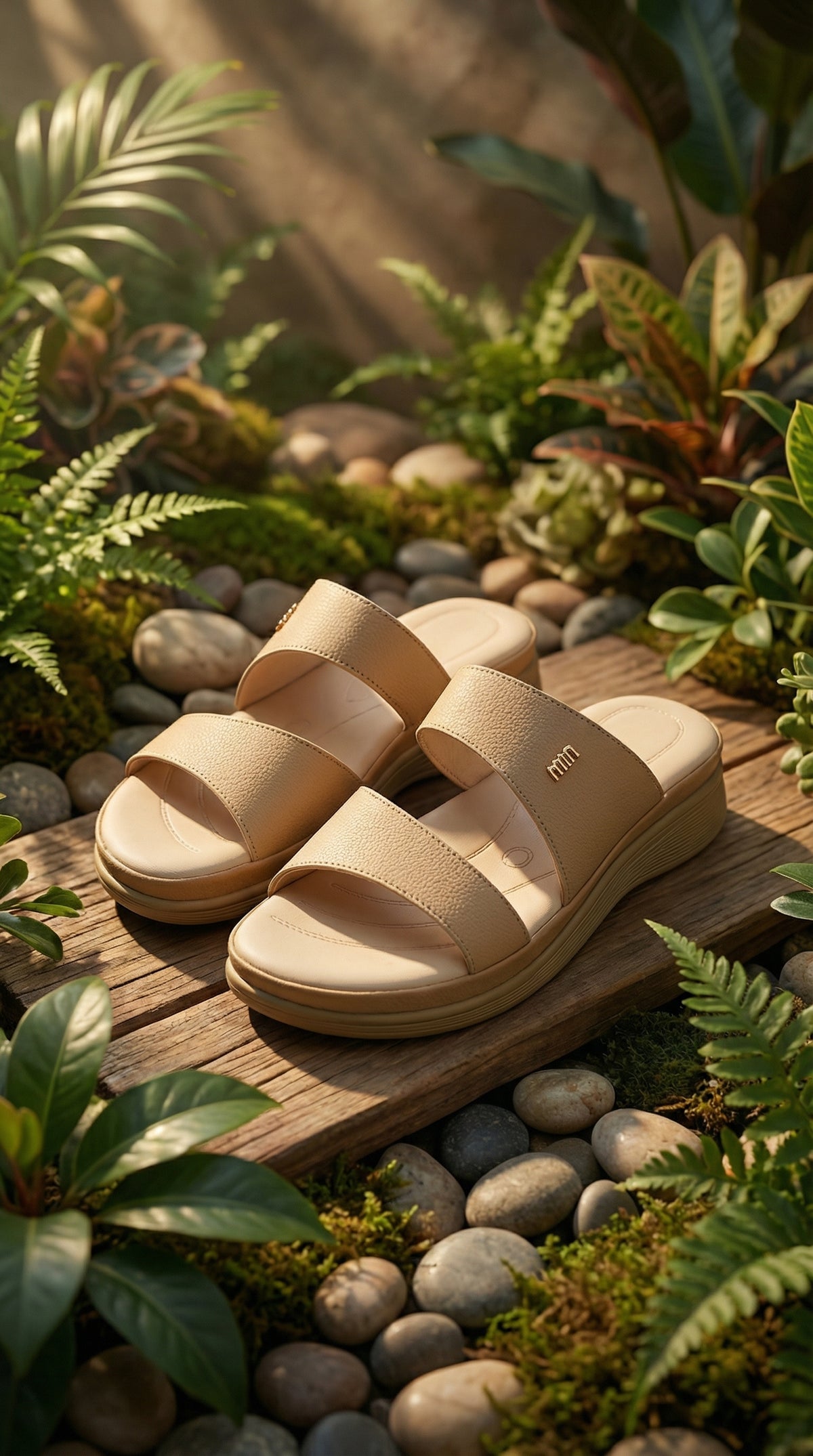 Dhara Beige PU Slide with Gold Logo Detail – Garden Setting by Radiarte