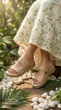 Dhara Beige Double Strap Slide worn with White Floral Kurta – Radiarte