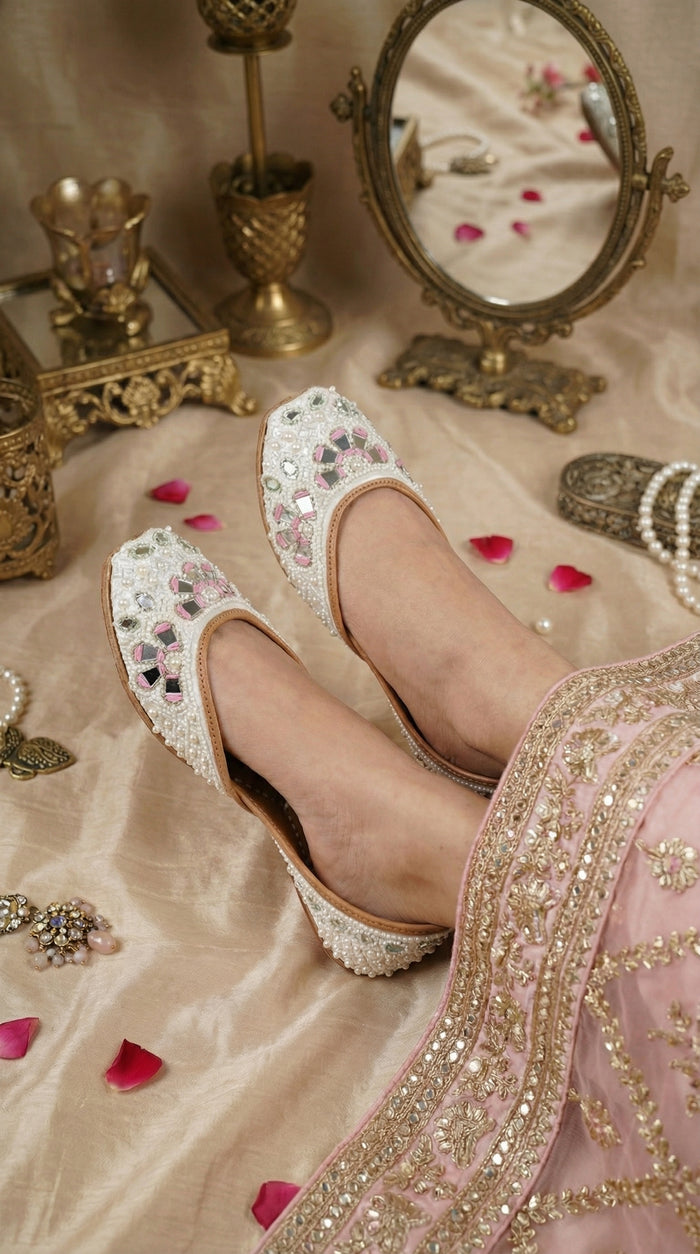 Aaina White Pearl Jutti worn with Pink Lehenga – Radiarte Bridal Footwear