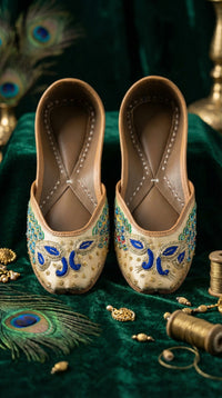 Morni Cream Peacock Embroidered Beaded Jutti by Radiarte – Top View on Green Velvet with Peacock Feathers