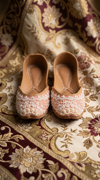 Moti Peach Pearl Embroidered Handcrafted Jutti by Radiarte – Front view