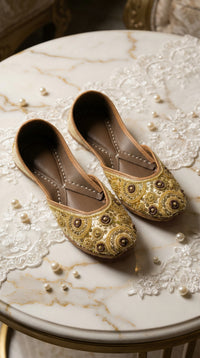 Ghumaar Gold Sequin Circular Bead Jutti by Radiarte – Side View on Marble