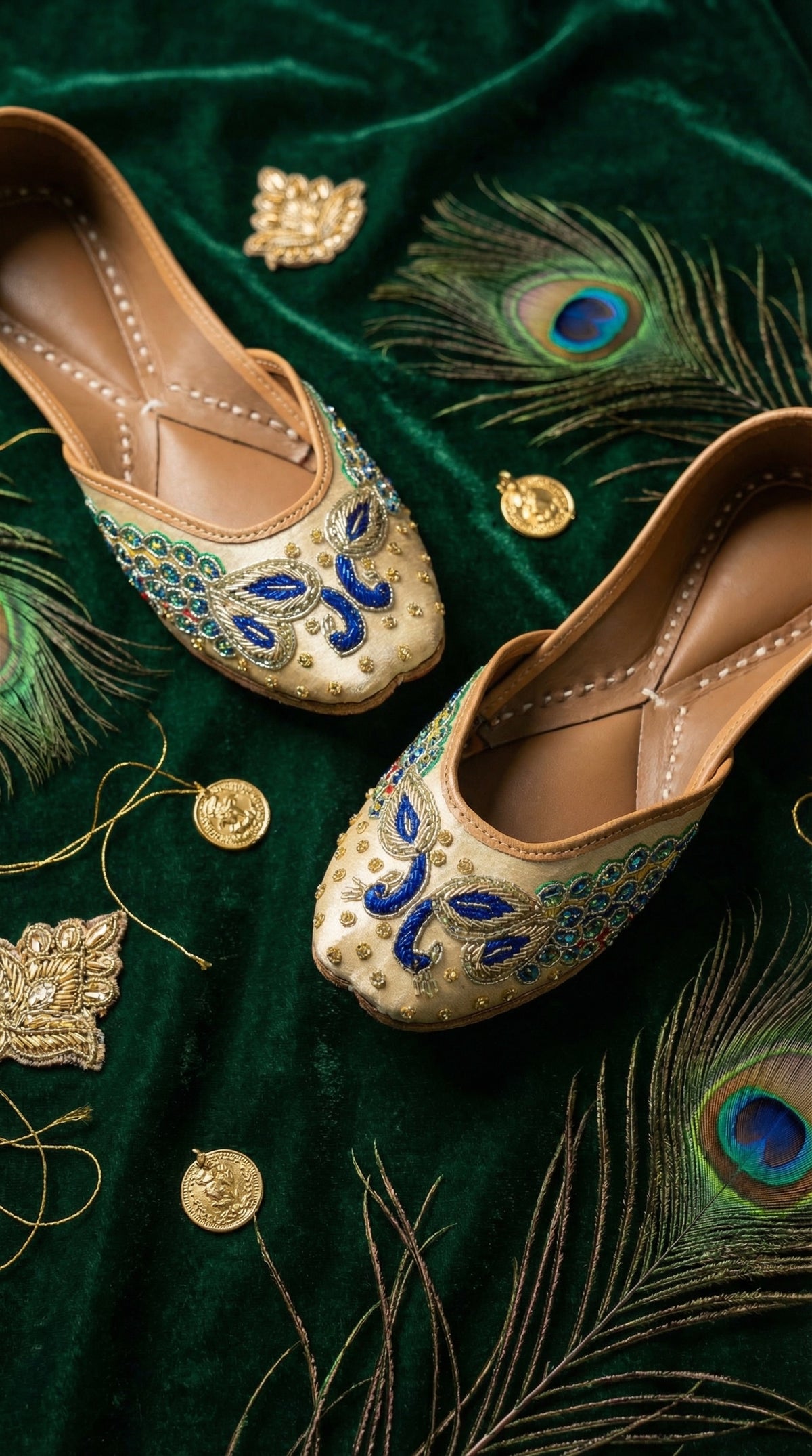 Morni Handcrafted Peacock Jutti – Side View with Gold Coins & Peacock Feathers by Radiarte