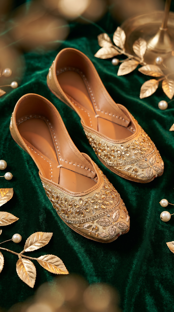 Zarrin handcrafted bridal jutti – angled top view showing kundan stone floral embroidery