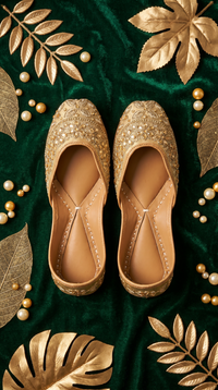 Close-up of Zarrin gold jutti on green velvet with gold leaf décor – handcrafted footwear by Radiarte