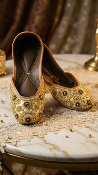 Ghumaar Gold Embroidered Jutti – Side View with Gold Decor by Radiarte