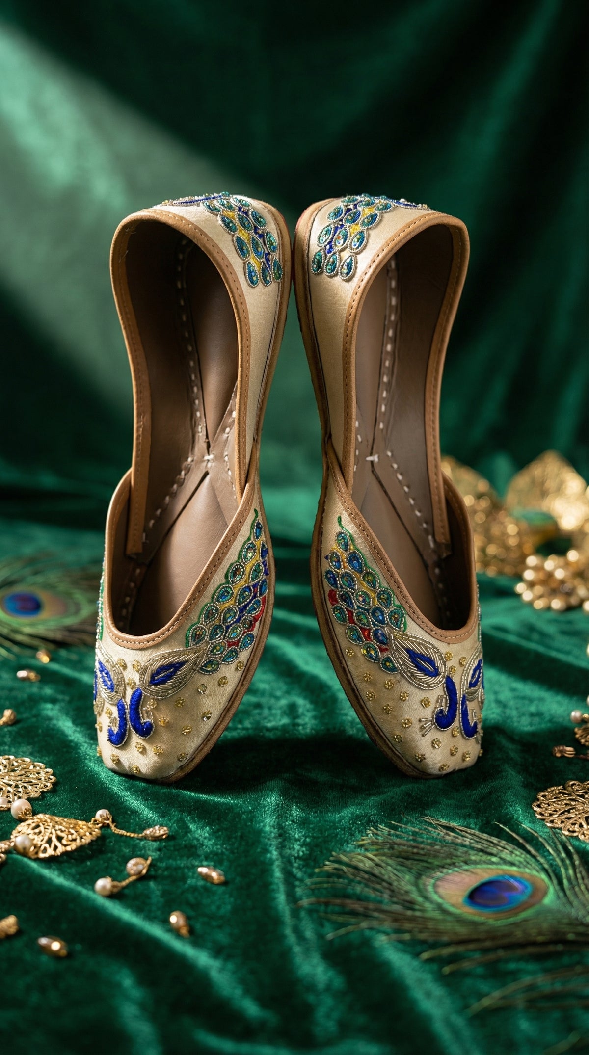 Morni Peacock Beaded Jutti Front View with Multicolour Feather Motif – Radiarte