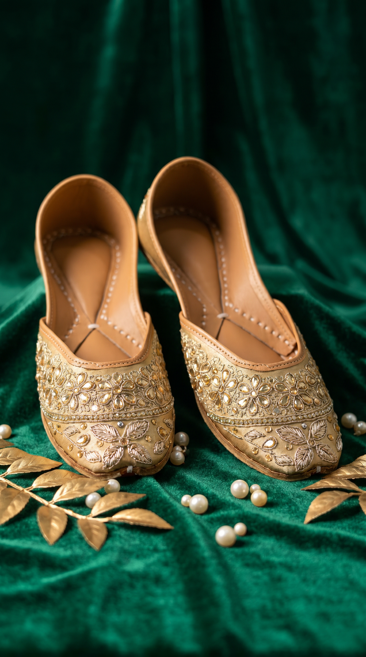 Zarrin antique gold embroidered jutti pair – top view on emerald velvet with pearls