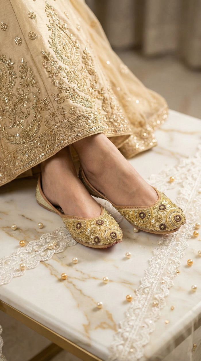 Ghumaar Gold Sequin Jutti worn with Gold Embroidered Lehenga – Radiarte