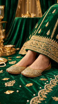 Zarrin gold zardozi jutti worn on feet with embroidered green velvet lehenga – bridal styling by Radiarte