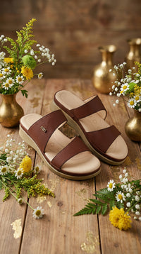 Komal Brown Wedge Slide Pair – Styled with Gold Vases & Daisy Flowers by Radiarte