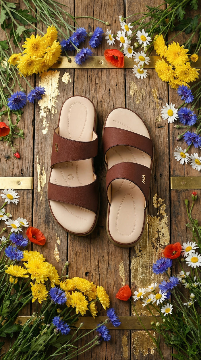 Komal Brown Double Strap Slide – Top View Flat Lay with Colourful Wildflowers by Radiarte