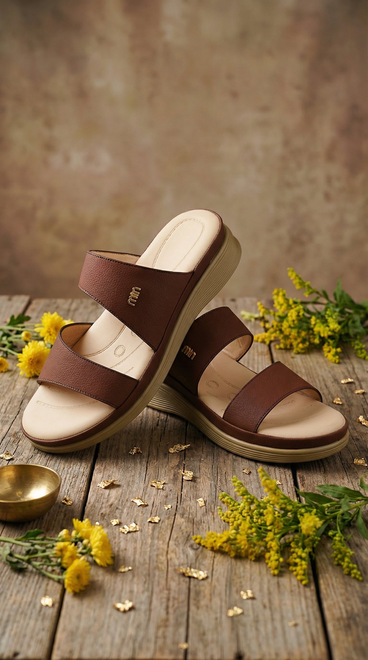 Komal Brown Cushioned Wedge Slide – Side View with Yellow Florals by Radiarte