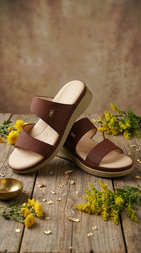 Komal Brown Cushioned Wedge Slide – Side View with Yellow Florals by Radiarte