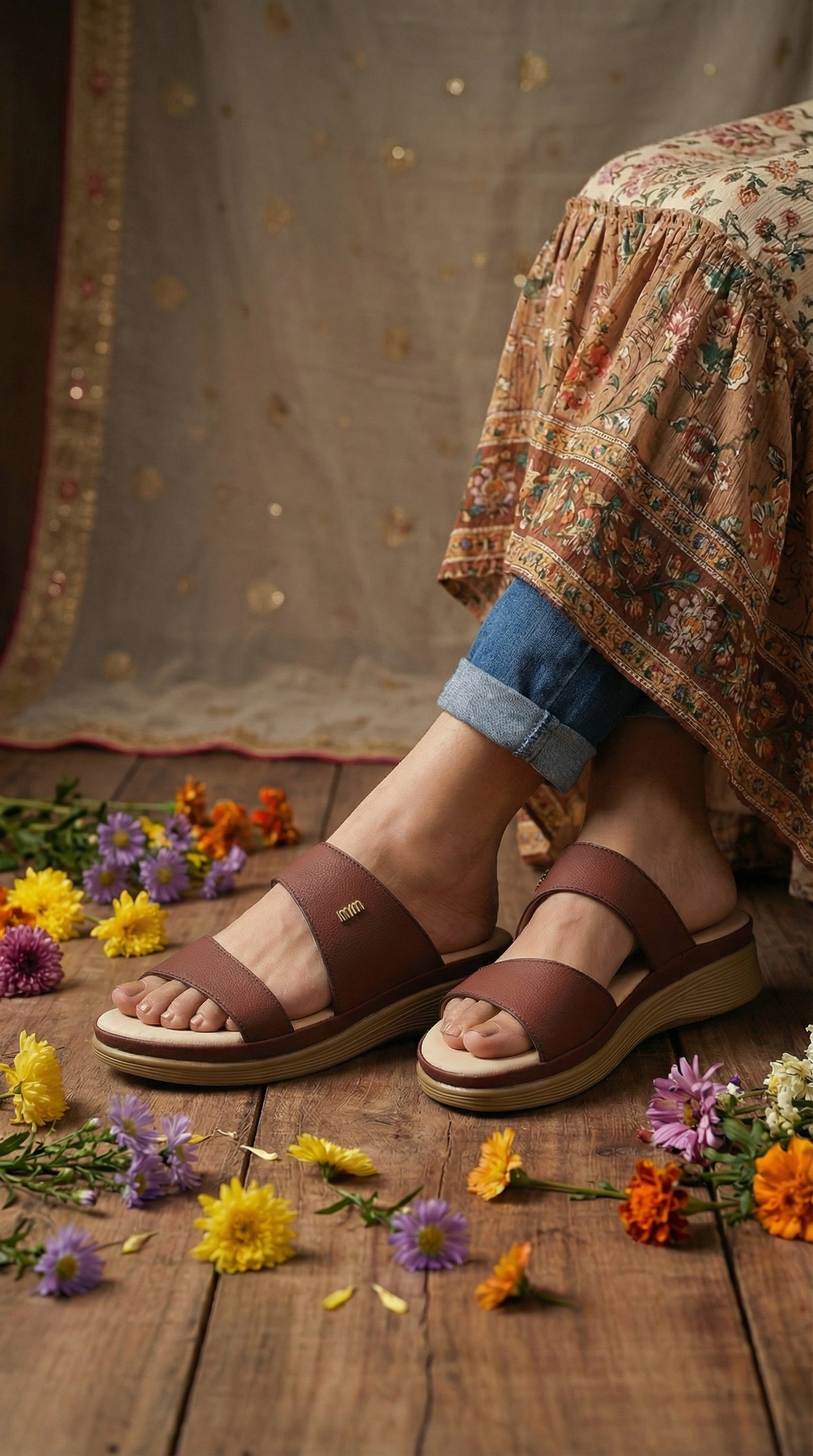 Komal Brown Wedge Slide worn with Floral Kurta & Jeans – Radiarte Everyday Footwear