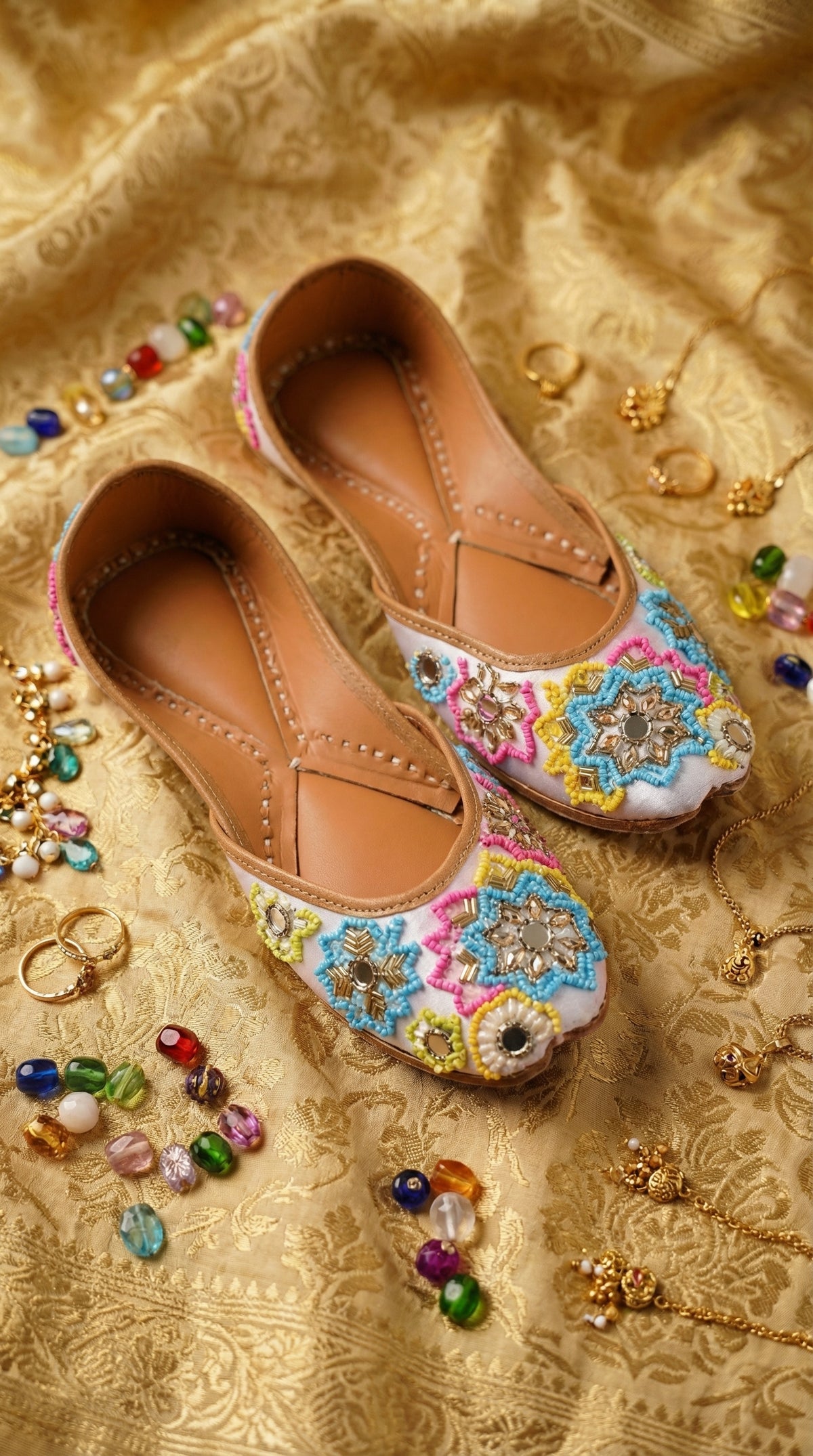 Meher Handcrafted White Jutti with Pastel Beads & Mirror Work – Side View by Radiarte