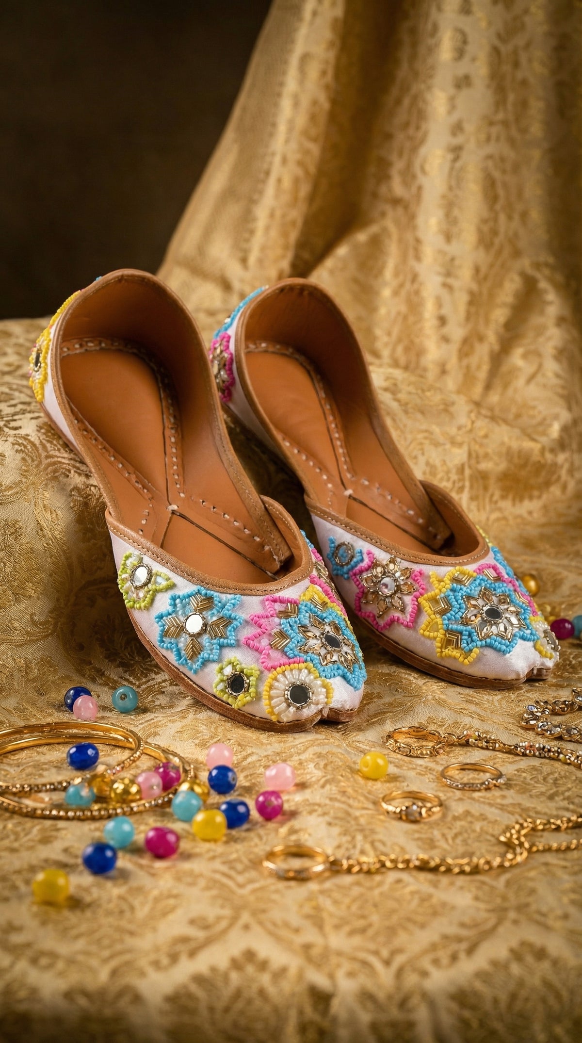 Meher Mirror Work Pastel Beaded Jutti – Display with Gold Jewellery by Radiarte
