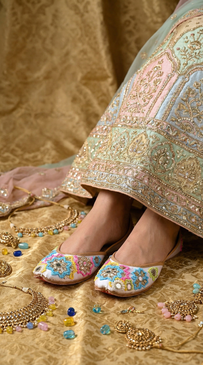 Meher White Multicolour Jutti worn with Pastel Embroidered Lehenga – Radiarte Festive Footwear