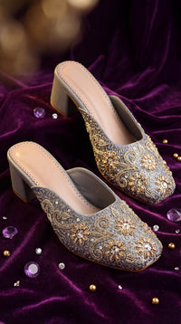 Aabroo Grey Gold Zardozi Block Heel Mule by Radiarte – Side View