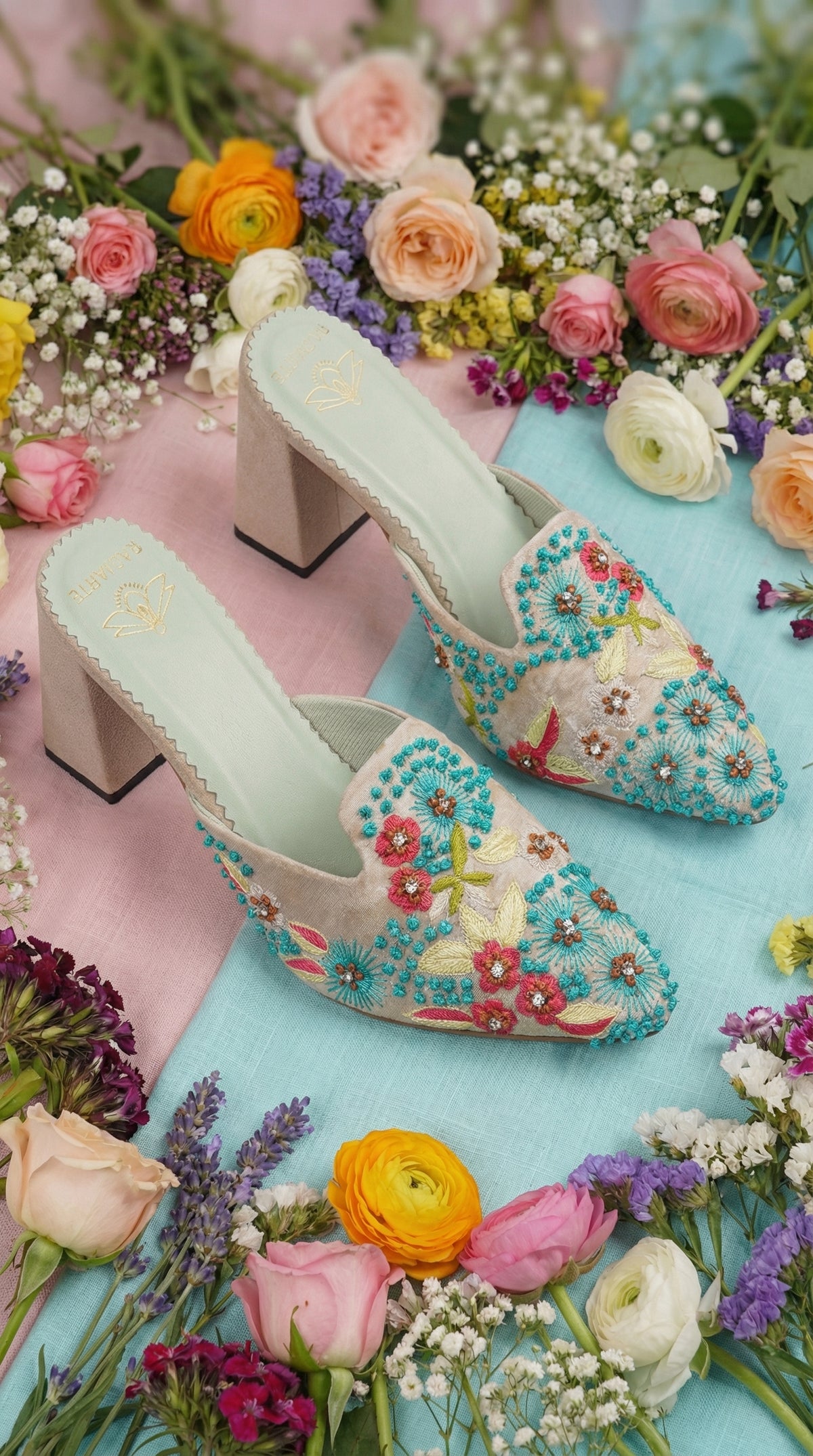 Mayuri Cream Floral Embroidered Block Heel Mule by Radiarte – Flat Lay with Mixed Florals