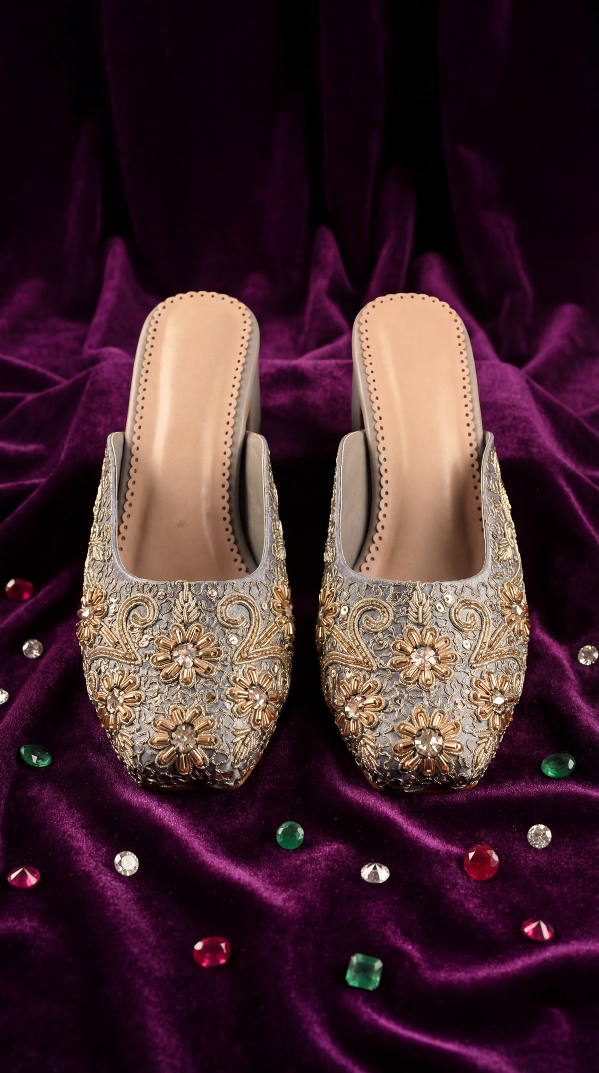 Aabroo Handcrafted Grey Heel Mule with Gold Bead Embroidery – Front View