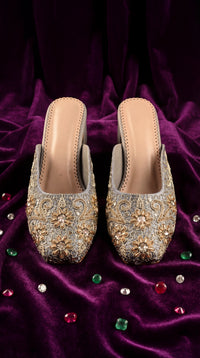 Aabroo Handcrafted Grey Heel Mule with Gold Bead Embroidery – Front View