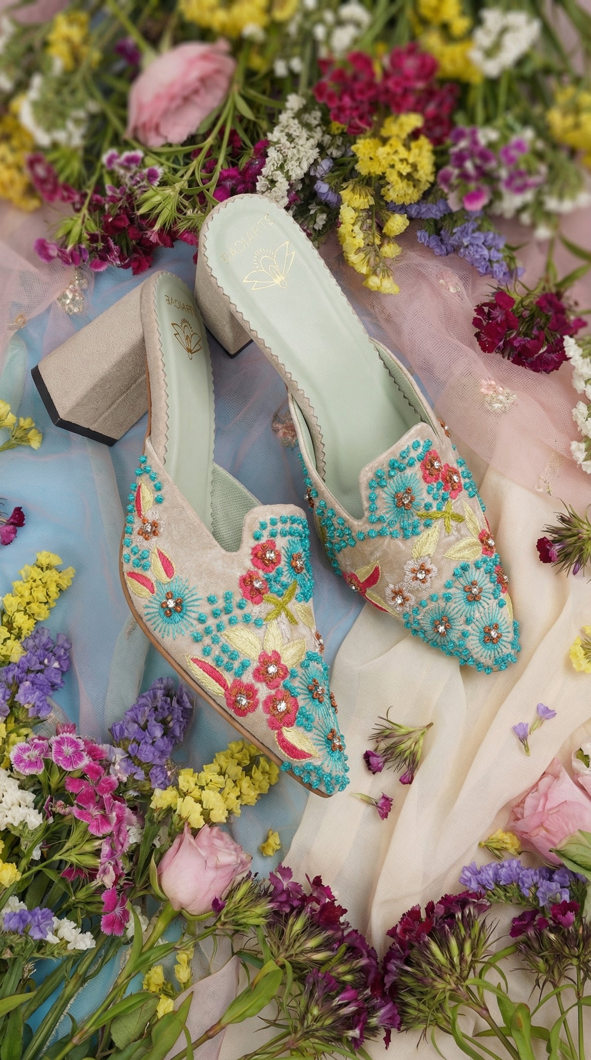 Mayuri Handcrafted Floral Heel Mule – Side View with Colourful Wildflowers by Radiarte