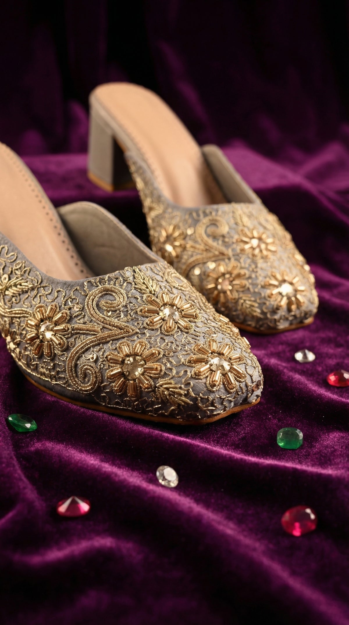 Aabroo Gold Zardozi Mule Heel – Close Up Embroidery Detail by Radiarte