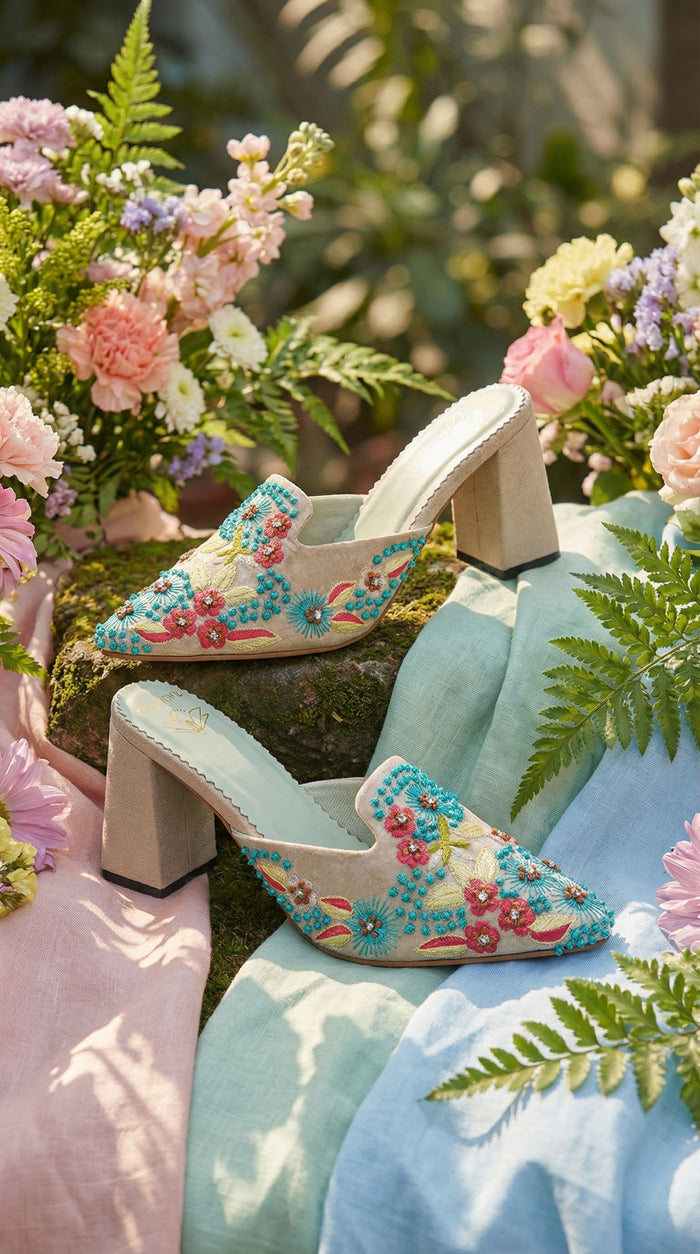 Mayuri Cream Block Heel Mule with Turquoise Pink Embroidery – Garden Backdrop by Radiarte