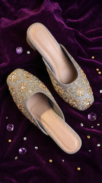 Aabroo Grey Embroidered Mule – Top View, Radiarte Handcrafted Footwear