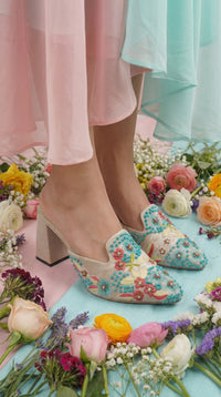Mayuri Floral Embroidered Block Heel Mule worn with Pink Palazzo – Radiarte Festive Footwear