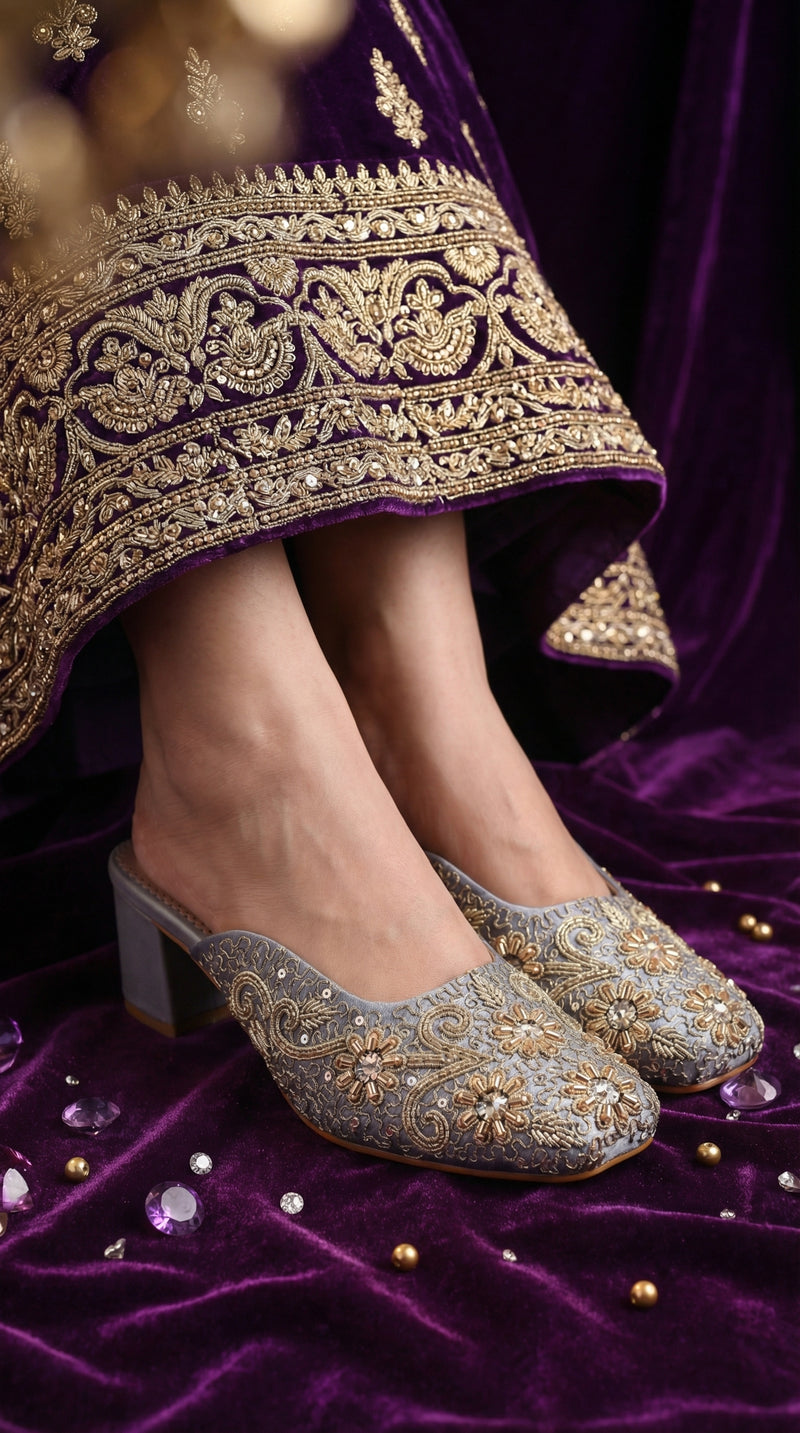 Aabroo Grey Zardozi Heel Mule worn with Purple Lehenga – Radiarte
