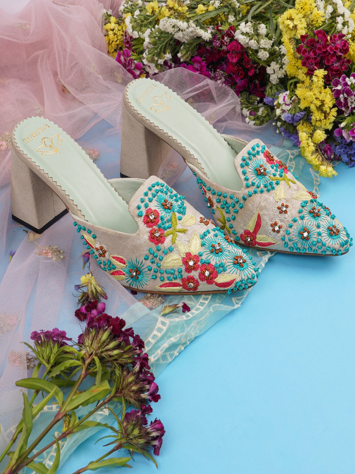 Mayuri Pista Raw Silk Mules Heels – 3-Inch Block Heel, Cushioned Footbed, Stone & Thread Detailing