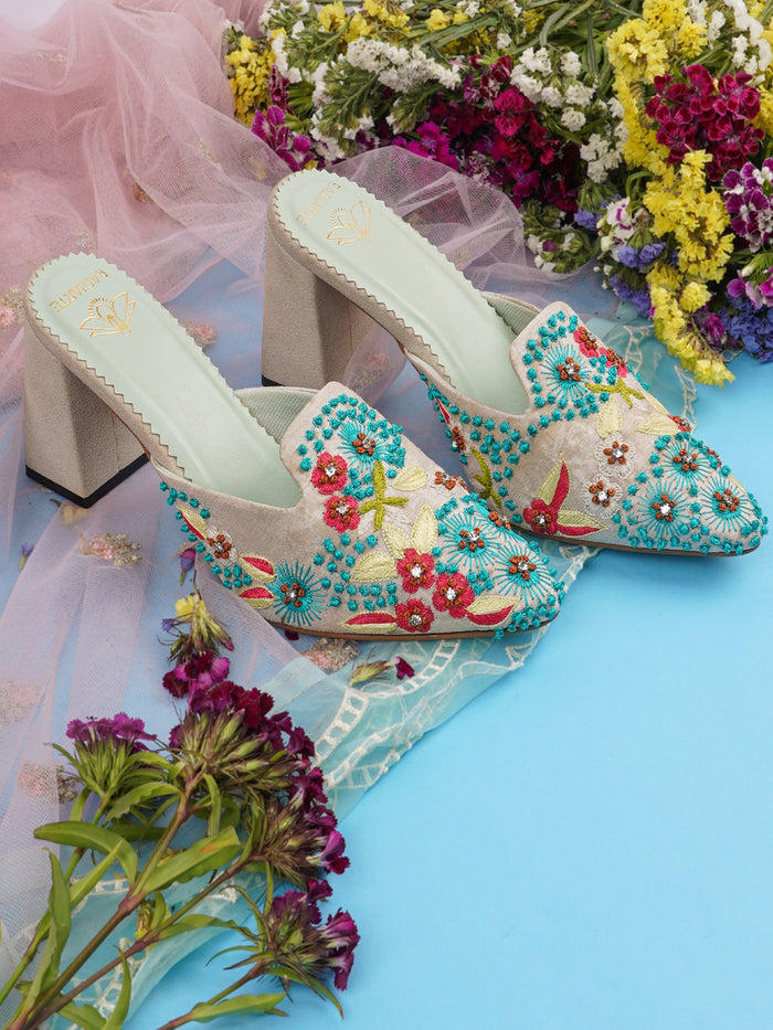 Mayuri Pista Raw Silk Mules Heels – 3-Inch Block Heel, Cushioned Footbed, Stone & Thread Detailing